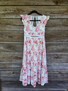 Shein Floral Lace Trim Midi Dress Size M Pink Boho Cottagecore